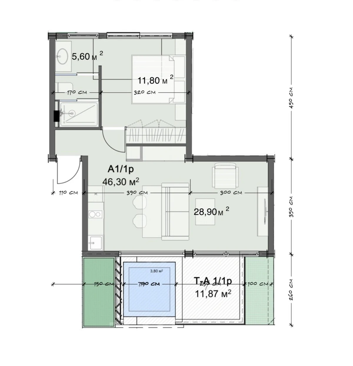 Планировка A1/1p · Апартаменты 1BR
