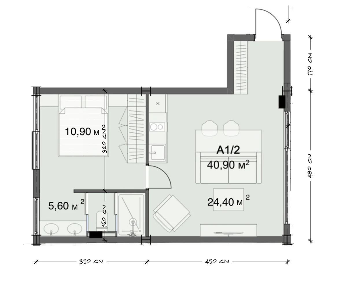 Планировка A1/2 · Апартаменты 1BR