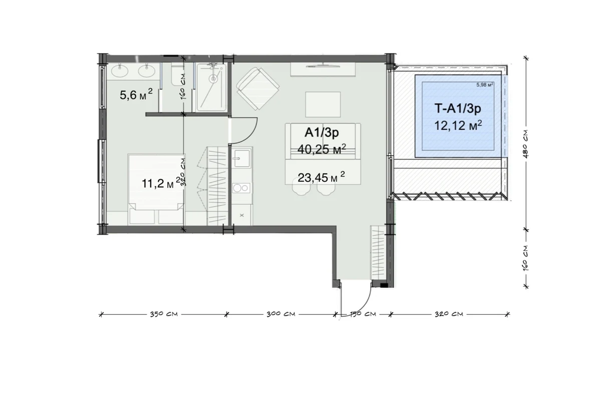 Планировка A1/3p · Апартаменты 1BR
