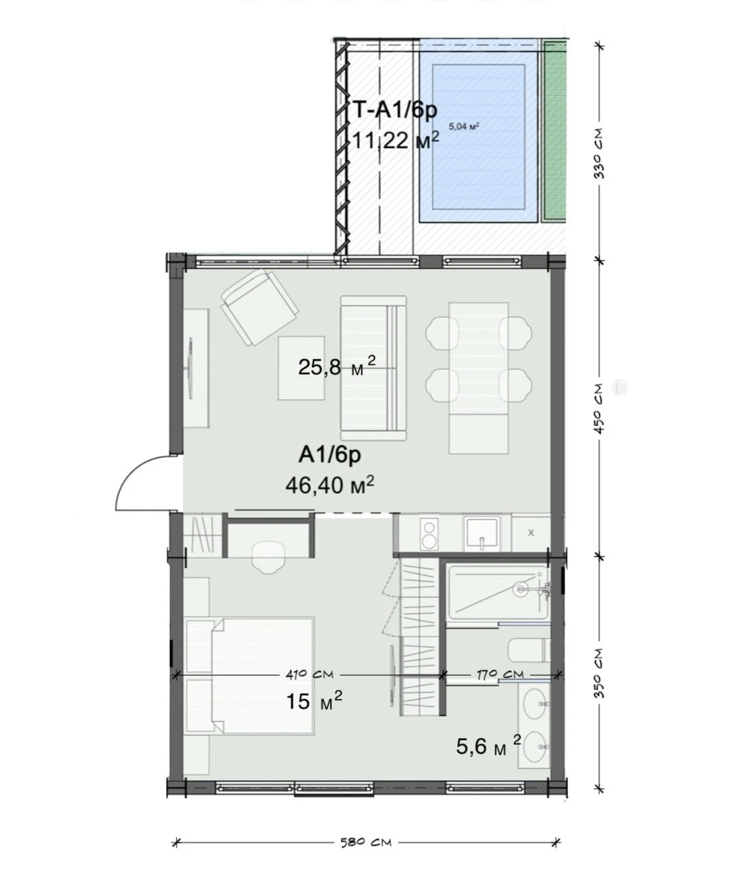 Планировка A1/6p · Апартаменты 1BR