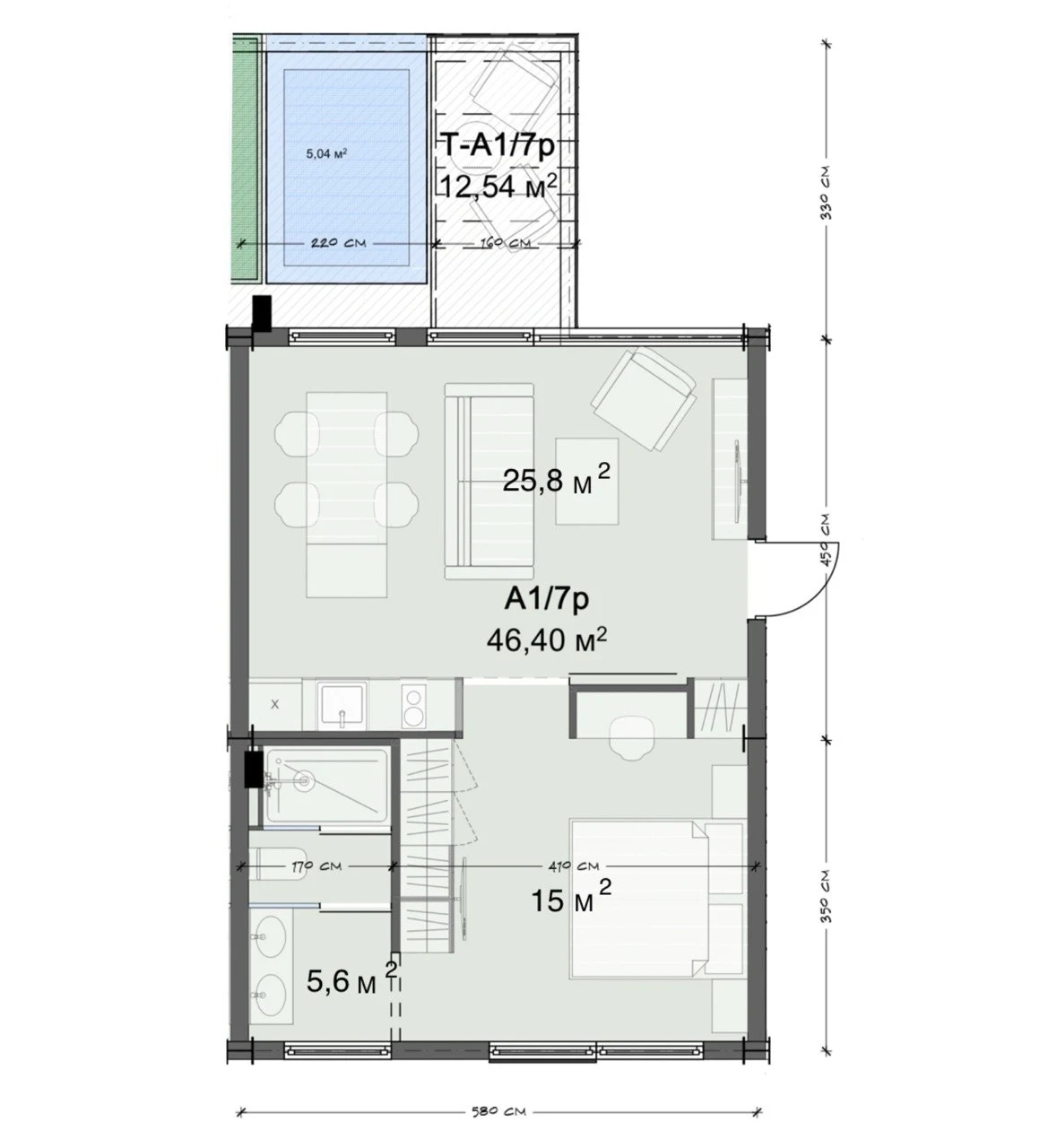 Планировка A1/7p · Апартаменты 1BR