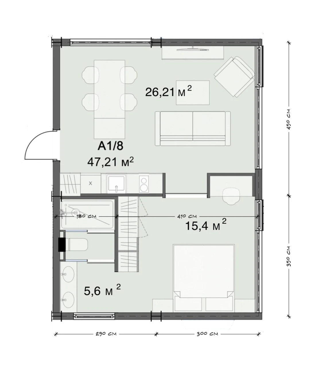 Планировка A1/8 · Апартаменты 1BR