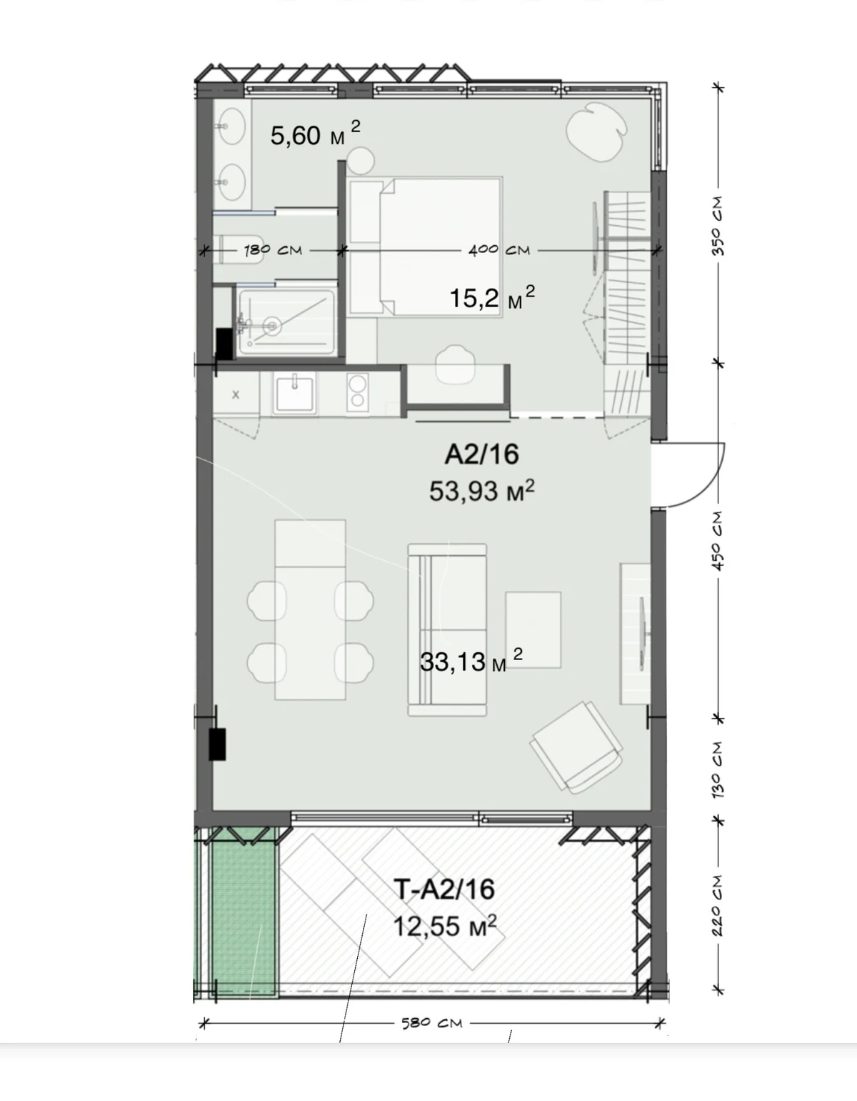 Планировка A2/16 · Апартаменты 1BR